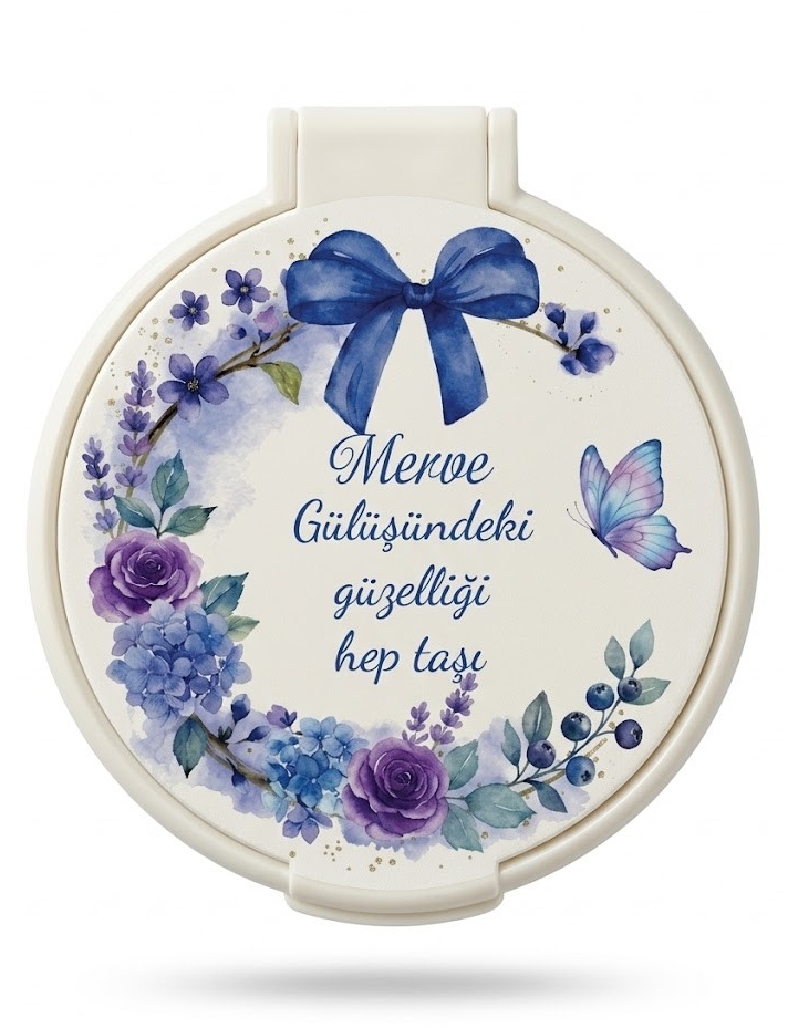 Kişiye Özel İsimli Kurdele ve Kelebek Detaylı Cep Aynası