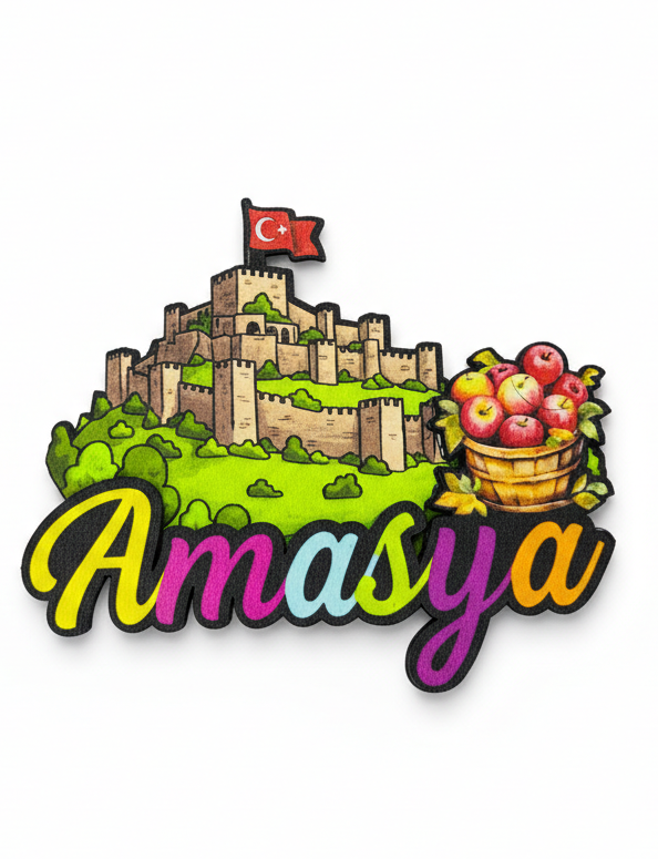 Amasya Kalesi ve Elma Temalı Ahşap Magnet