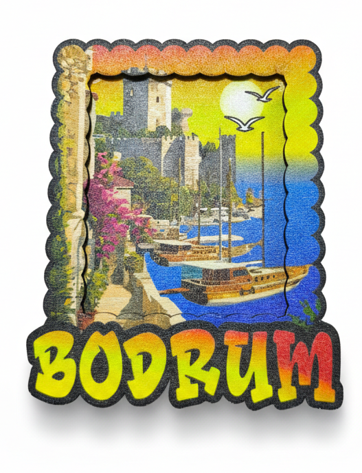 Bodrum Kale ve Marina Temalı Kartpostal Stil Ahşap Magnet
